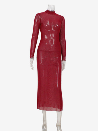 ラインストーンメッシュマキシドレス（レディース） - レッドシースルーハイネック長袖ボディコンカバーアップ - サマークラブウェアパーティウェア2026