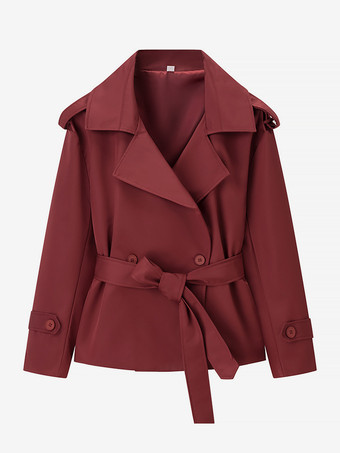 レッド クロップドトレンチコート レディース ショートジャケット - シックなベルト付きスリムフィットウィンドブレーカー - 春のオフィスからディナーまで活躍するデイリーアウター 2026