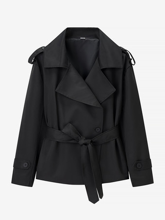 ブラック クロップドトレンチコート レディース ショートジャケット - シックなベルト付きスリムフィットウィンドブレーカー - 春のオフィスからディナーまで活躍するデイリーアウター 2026