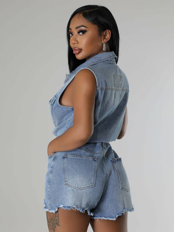 レディース用ノースリーブデニムロンパース - ライトブルーのダメージ加工タイウエストワンピースショーツ - 2026年夏用クラブウェア