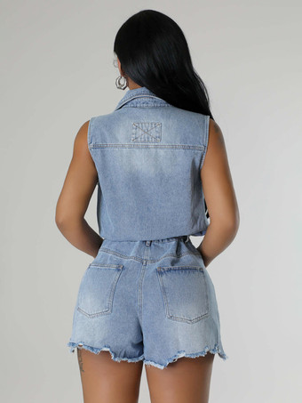 レディース用ノースリーブデニムロンパース - ライトブルーのダメージ加工タイウエストワンピースショーツ - 2026年夏用クラブウェア