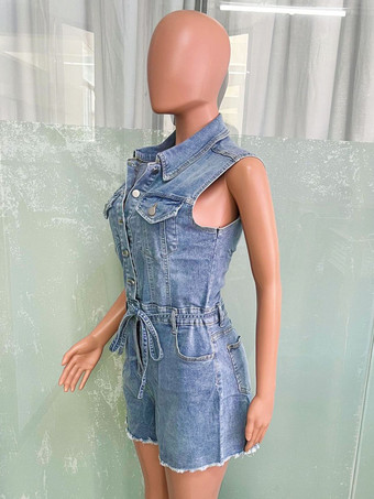 レディース用ノースリーブデニムロンパース - ライトブルーのダメージ加工タイウエストワンピースショーツ - 2026年夏用クラブウェア