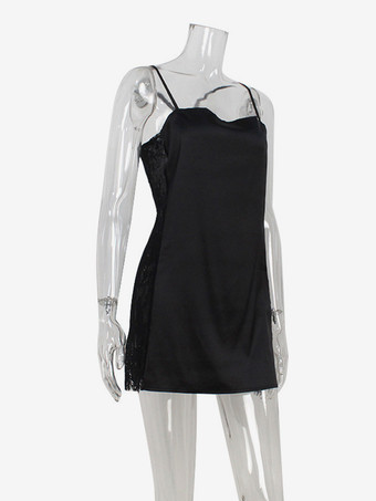 サテンスリップミニドレス（レディース） - セクシーなブラックシースルーレースサイドボディコン - 夏の夜のクラブウェア 2026