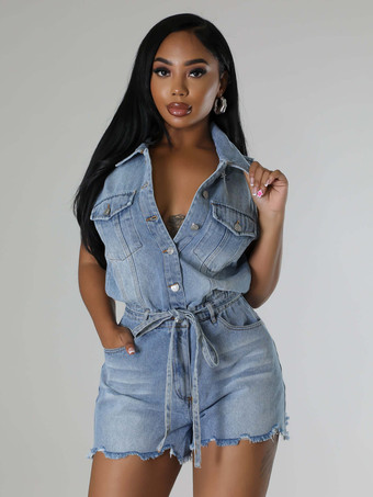 レディース用ノースリーブデニムロンパース - ライトブルーのダメージ加工タイウエストワンピースショーツ - 2026年夏用クラブウェア