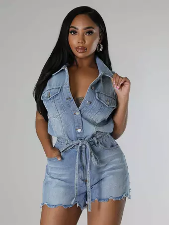 sleeveless denim one piece dress Hazel Blues | Pocketed Button Up Sleeveless Denim Dress