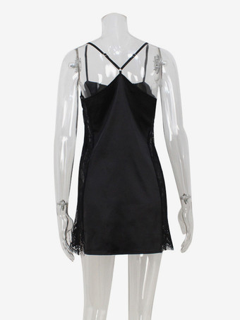 サテンスリップミニドレス（レディース） - セクシーなブラックシースルーレースサイドボディコン - 夏の夜のクラブウェア 2026