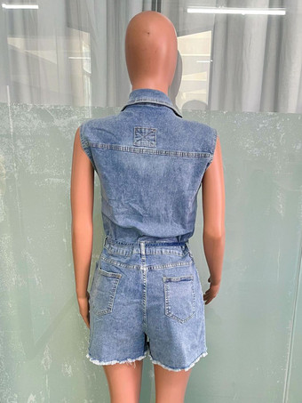 レディース用ノースリーブデニムロンパース - ライトブルーのダメージ加工タイウエストワンピースショーツ - 2026年夏用クラブウェア