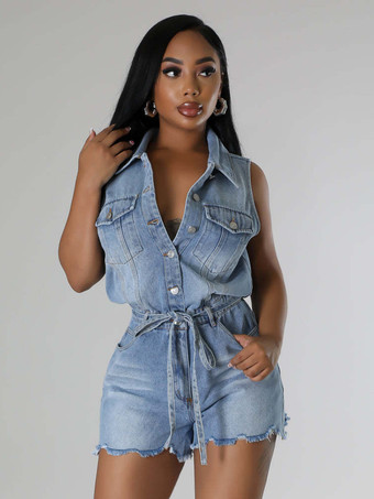 レディース用ノースリーブデニムロンパース - ライトブルーのダメージ加工タイウエストワンピースショーツ - 2026年夏用クラブウェア