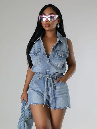 レディース用ノースリーブデニムロンパース - ライトブルーのダメージ加工タイウエストワンピースショーツ - 2026年夏用クラブウェア