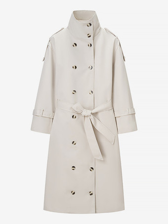 レディース用ファンネルネックトレンチコート - クリーム色のダブルブレスト、ドロップショルダー、ベルト付きオーバーコート - 春のオフィスからディナーまで活躍するアウター 2026
