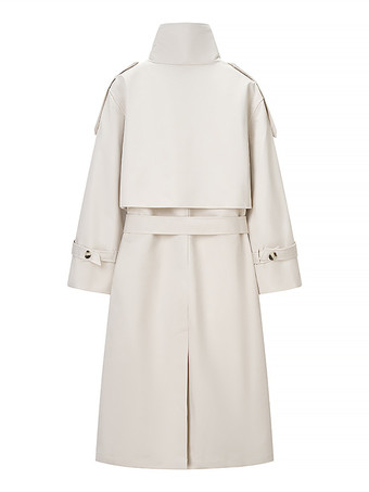 レディース用ファンネルネックトレンチコート - クリーム色のダブルブレスト、ドロップショルダー、ベルト付きオーバーコート - 春のオフィスからディナーまで活躍するアウター 2026