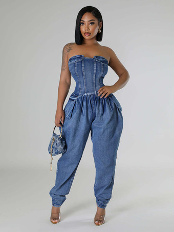 ストラップレスコルセットデニムジャンプスーツ（女性用） - ブルーセクシービスチェバックジップハーレムロンパース - スプリングパーティナイトクラブ2026