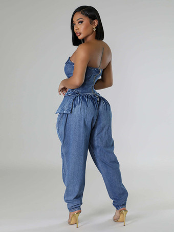 ストラップレスコルセットデニムジャンプスーツ（女性用） - ブルーセクシービスチェバックジップハーレムロンパース - スプリングパーティナイトクラブ2026