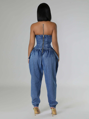 ストラップレスコルセットデニムジャンプスーツ（女性用） - ブルーセクシービスチェバックジップハーレムロンパース - スプリングパーティナイトクラブ2026