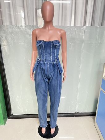 ストラップレスコルセットデニムジャンプスーツ（女性用） - ブルーセクシービスチェバックジップハーレムロンパース - スプリングパーティナイトクラブ2026