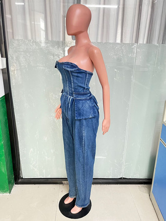 ストラップレスコルセットデニムジャンプスーツ（女性用） - ブルーセクシービスチェバックジップハーレムロンパース - スプリングパーティナイトクラブ2026