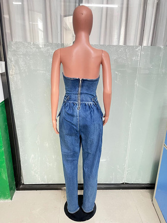 ストラップレスコルセットデニムジャンプスーツ（女性用） - ブルーセクシービスチェバックジップハーレムロンパース - スプリングパーティナイトクラブ2026