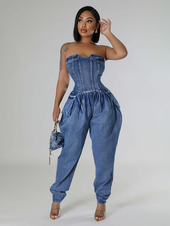 ストラップレスコルセットデニムジャンプスーツ（女性用） - ブルーセクシービスチェバックジップハーレムロンパース - スプリングパーティナイトクラブ2026