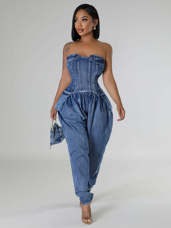 ストラップレスコルセットデニムジャンプスーツ（女性用） - ブルーセクシービスチェバックジップハーレムロンパース - スプリングパーティナイトクラブ2026