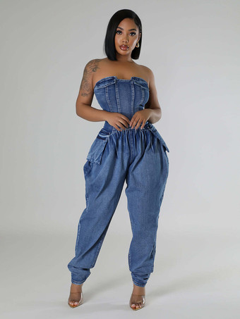 ストラップレスコルセットデニムジャンプスーツ（女性用） - ブルーセクシービスチェバックジップハーレムロンパース - スプリングパーティナイトクラブ2026