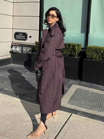 レディース用オーバーサイズトレンチコート - チョコレートブラウンのシックなダブルブレストマキシウィンドブレーカー - 2026年春の夜のお出かけに