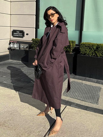 レディース用オーバーサイズトレンチコート - チョコレートブラウンのシックなダブルブレストマキシウィンドブレーカー - 2026年春の夜のお出かけに