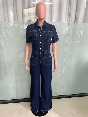 コントラストステッチデニムジャンプスーツ（レディース） - ダークブルーウォッシュ加工レトロ半袖ワイドレッグロンパース - 2026年春カジュアルストリートウェア