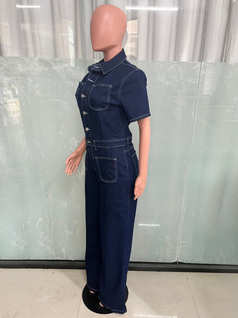 コントラストステッチデニムジャンプスーツ（レディース） - ダークブルーウォッシュ加工レトロ半袖ワイドレッグロンパース - 2026年春カジュアルストリートウェア