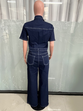 コントラストステッチデニムジャンプスーツ（レディース） - ダークブルーウォッシュ加工レトロ半袖ワイドレッグロンパース - 2026年春カジュアルストリートウェア
