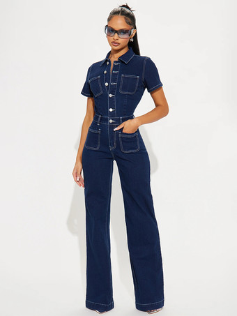 コントラストステッチデニムジャンプスーツ（レディース） - ダークブルーウォッシュ加工レトロ半袖ワイドレッグロンパース - 2026年春カジュアルストリートウェア