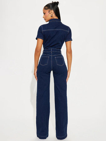 コントラストステッチデニムジャンプスーツ（レディース） - ダークブルーウォッシュ加工レトロ半袖ワイドレッグロンパース - 2026年春カジュアルストリートウェア