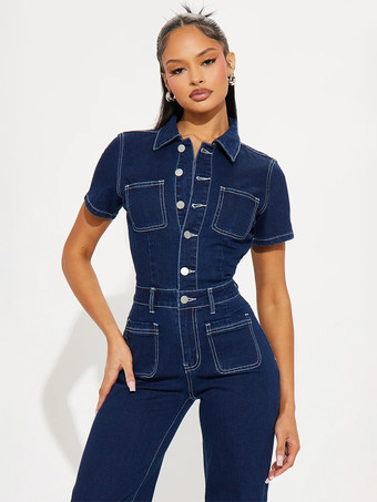 コントラストステッチデニムジャンプスーツ（レディース） - ダークブルーウォッシュ加工レトロ半袖ワイドレッグロンパース - 2026年春カジュアルストリートウェア