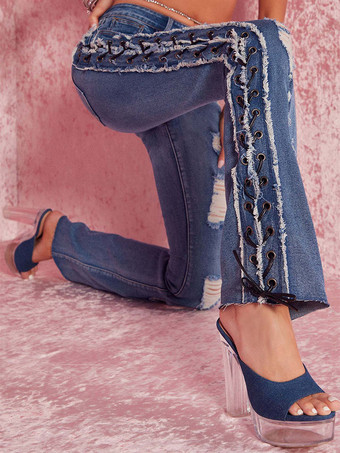 サイドレースアップ リップドフレアジーンズ レディース - ミディアムウォッシュ セクシー ホローアウト ブーツカットデニム - 2026年春のストリートウェア