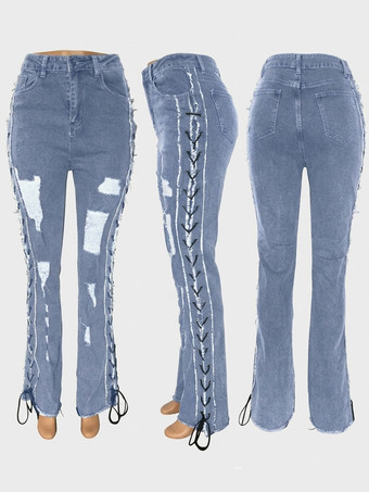 ライトスカイブルーサイドレースアップ リップドフレアジーンズ レディース - ミディアムウォッシュ セクシー ホローアウト ブーツカットデニム - 2026年春のストリートウェア