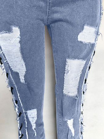 サイドレースアップ リップドフレアジーンズ レディース - ミディアムウォッシュ セクシー ホローアウト ブーツカットデニム - 2026年春のストリートウェア