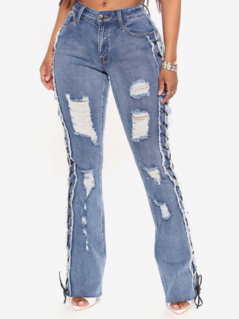 サイドレースアップ リップドフレアジーンズ レディース - ミディアムウォッシュ セクシー ホローアウト ブーツカットデニム - 2026年春のストリートウェア
