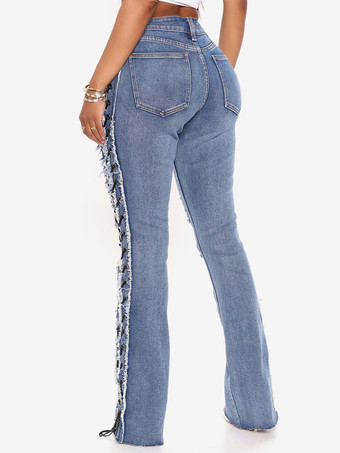 サイドレースアップ リップドフレアジーンズ レディース - ミディアムウォッシュ セクシー ホローアウト ブーツカットデニム - 2026年春のストリートウェア