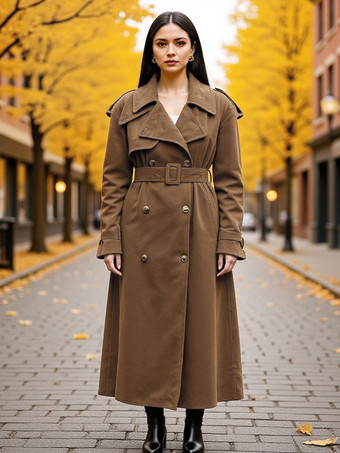 ブラウン フェイクスエードトレンチコート（レディース） - レトロなダブルブレストベルト付きマキシジャケット - 2026年春の通勤スタイル