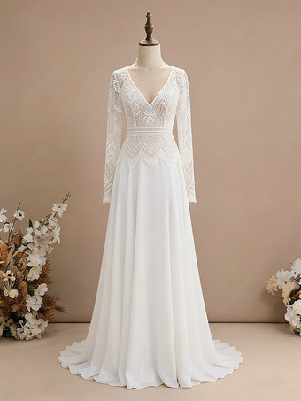 アイボリーツーピースの結婚式用ドレス、シフォン素材、Vネック、トレーン付き、ファスナー付き、長袖、ロング丈、ボヘミアン風ウェディングドレス