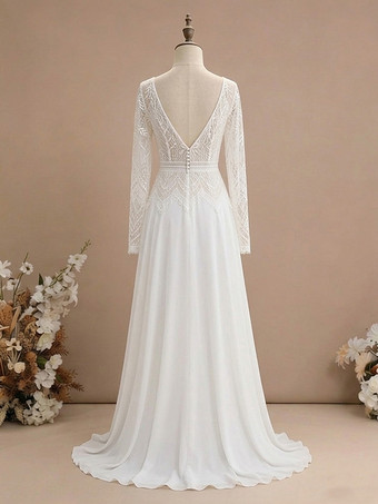 ツーピースの結婚式用ドレス、シフォン素材、Vネック、トレーン付き、ファスナー付き、長袖、ロング丈、ボヘミアン風ウェディングドレス