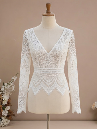 ツーピースの結婚式用ドレス、シフォン素材、Vネック、トレーン付き、ファスナー付き、長袖、ロング丈、ボヘミアン風ウェディングドレス