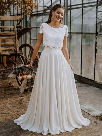 ツーピースウェディングドレス ストレッチクレープ ジュエルネック フロア丈 ファスナー付き 半袖 フロア丈