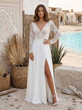 ボヘミアンウェディングドレス レースボールガウン ナチュラルウエスト ジッパー 長袖 Vネック アイボリー