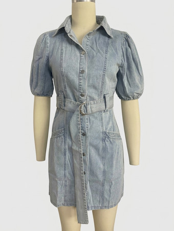 パフスリーブデニムワンピース（レディース） - ライトブルーウォッシュ加工ヴィンテージベルト付きボタンダウンミニドレス - 2026年夏カジュアルストリートウェア