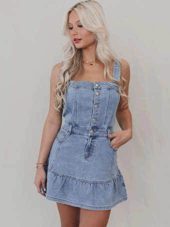 フリル裾デニムワンピース（レディース） - ライトブルーのキュートなY2K風ボタンアップミニドレス - 夏のビーチフェスティバルパーティー衣装 2026