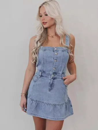 Ruffle Hem Denim Dress For Women - Light Blue Sweet Y2K Button Up Mini Dress - Summer Beach Festival Party Outfit 2026