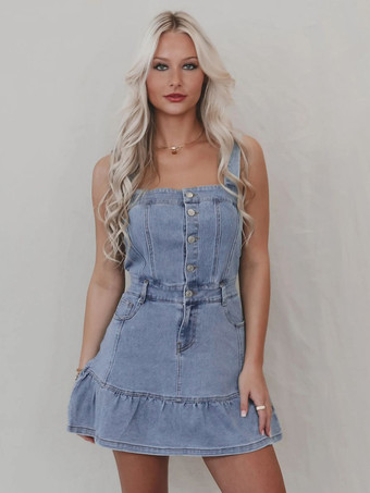 ライトスカイブルーフリル裾デニムワンピース（レディース） - ライトブルーのキュートなY2K風ボタンアップミニドレス - 夏のビーチフェスティバルパーティー衣装 2026