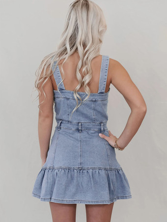 フリル裾デニムワンピース（レディース） - ライトブルーのキュートなY2K風ボタンアップミニドレス - 夏のビーチフェスティバルパーティー衣装 2026