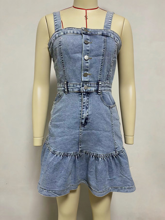 フリル裾デニムワンピース（レディース） - ライトブルーのキュートなY2K風ボタンアップミニドレス - 夏のビーチフェスティバルパーティー衣装 2026