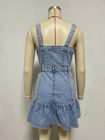 フリル裾デニムワンピース（レディース） - ライトブルーのキュートなY2K風ボタンアップミニドレス - 夏のビーチフェスティバルパーティー衣装 2026